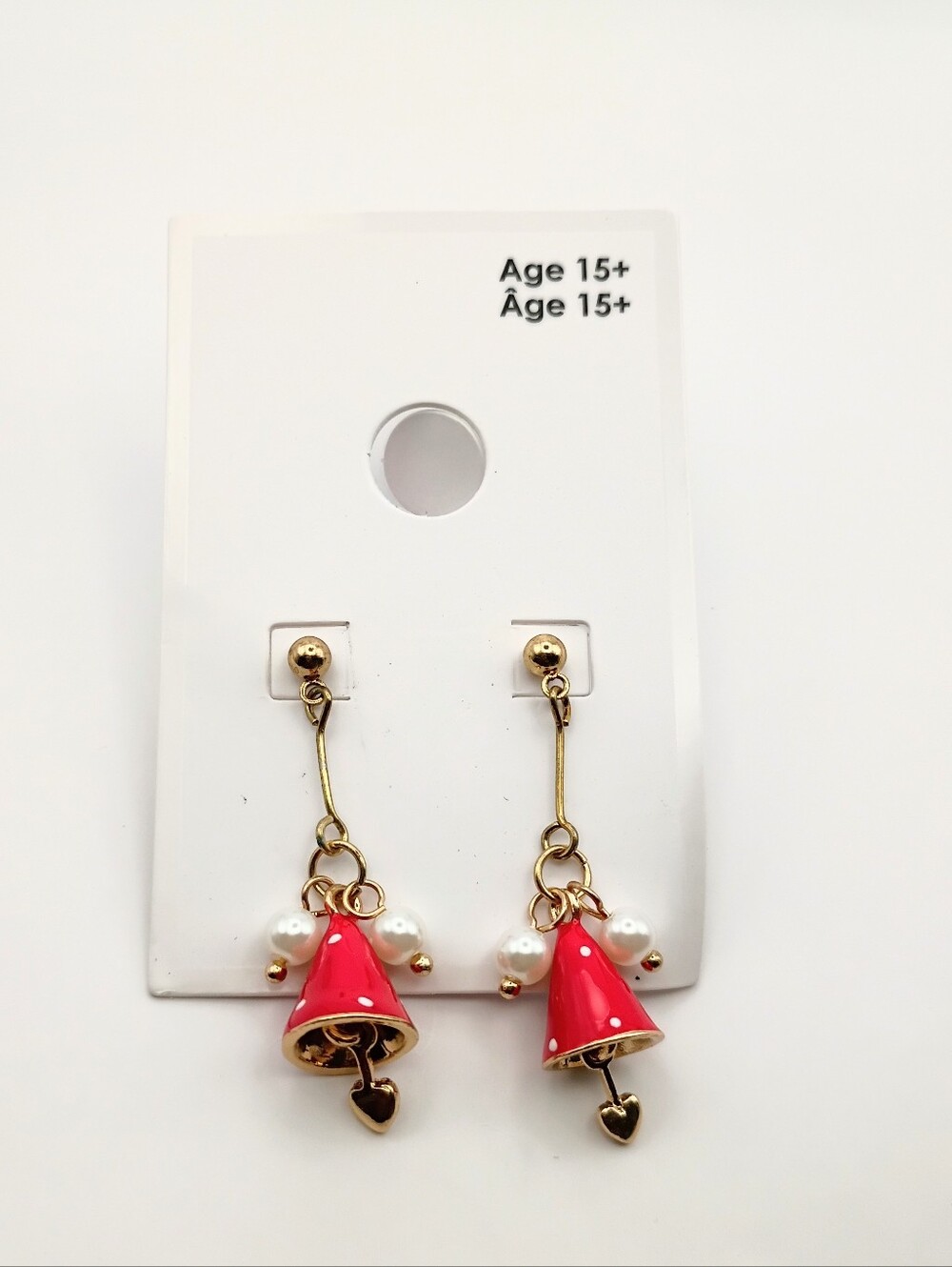 Gold-Tone Red Bell Drop Earrings with Pearl Accents